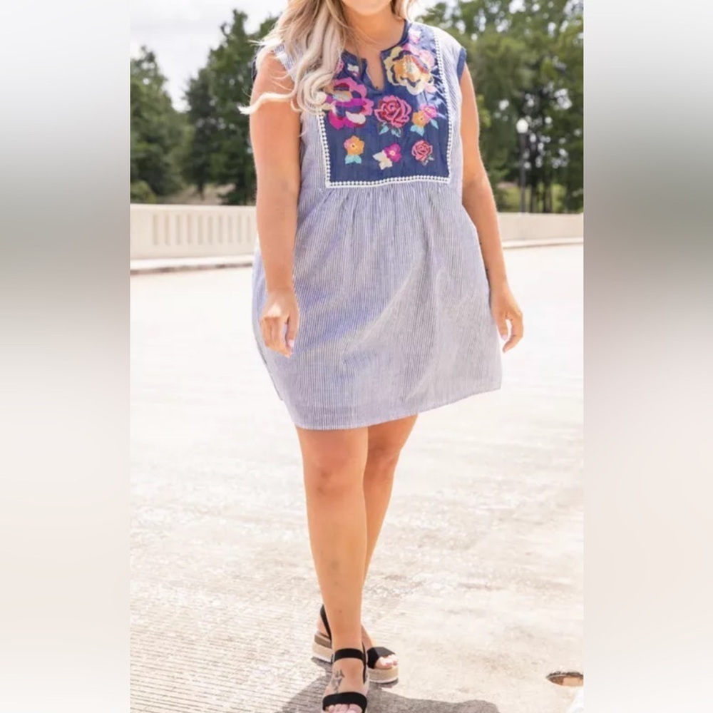 Savanah Jane floral embroidered blue white striped sleeveless Boho‎ dress Sz 3X